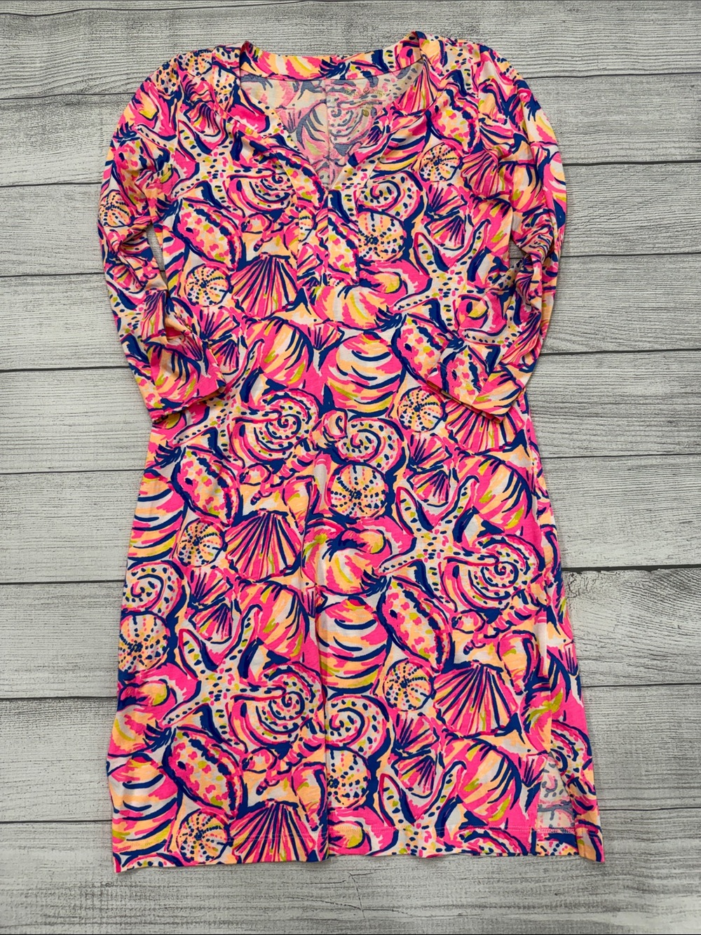 Lilly Pulitzer XS Pink Blue Seashell Print Knit Dress Long Sleeve Coastal